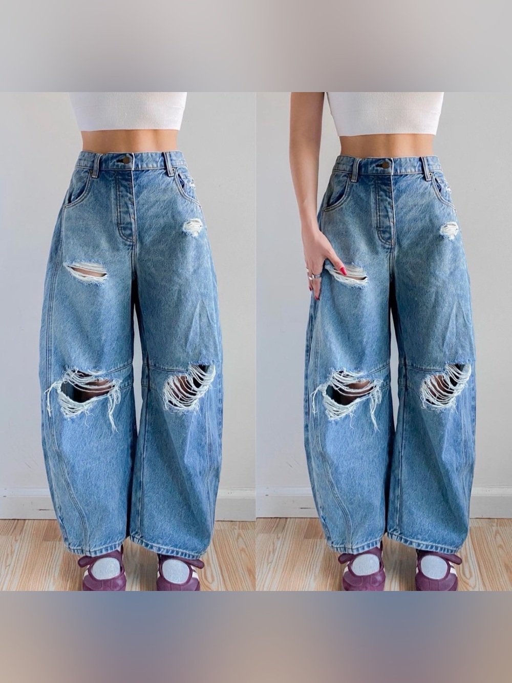 Free People - Distressed Barrel Slouchy Seamed Jeans in Faded Light Wash size 29